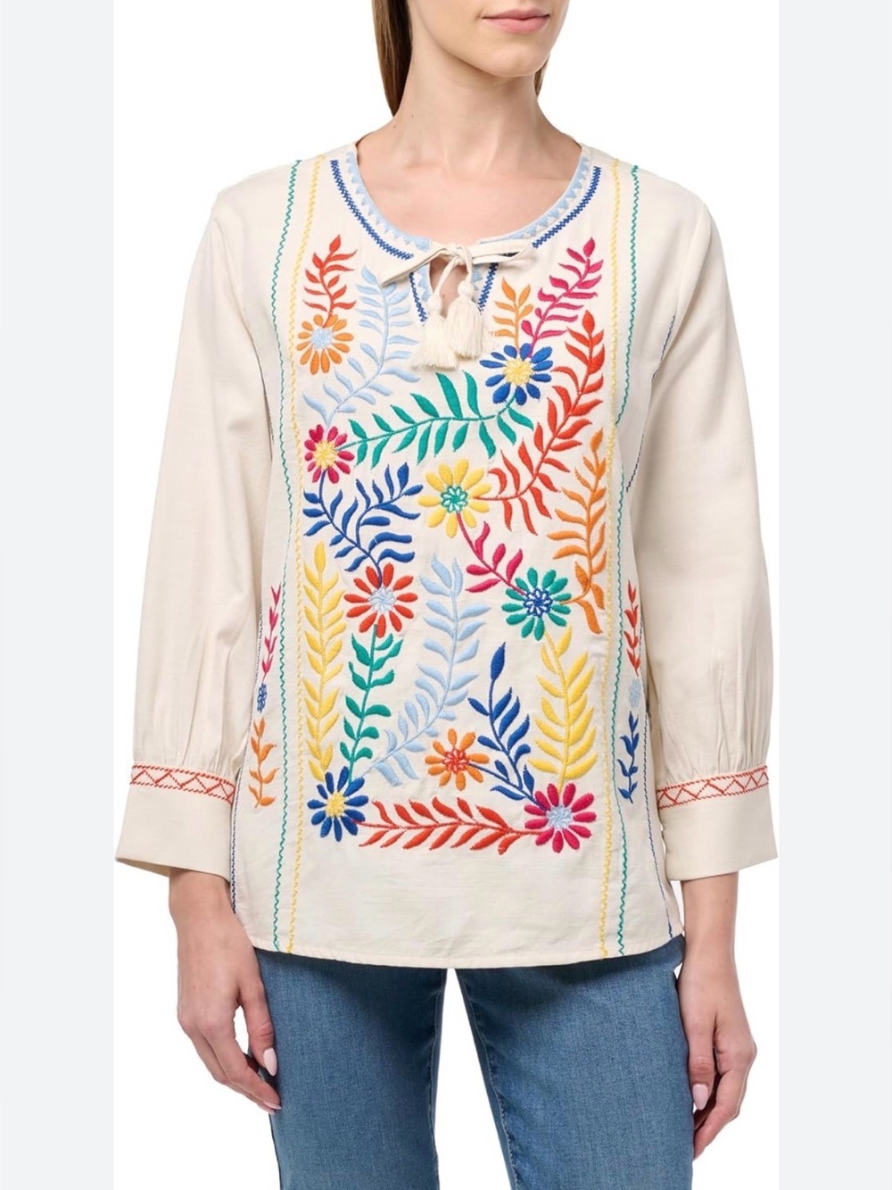 Tru Luxe Cream Embroidered Floral Tunic Top with Tassel Tie M